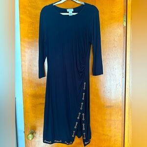 Carmen Navy Jersey Dress with Leather Strapping and Gold Grommet Accents